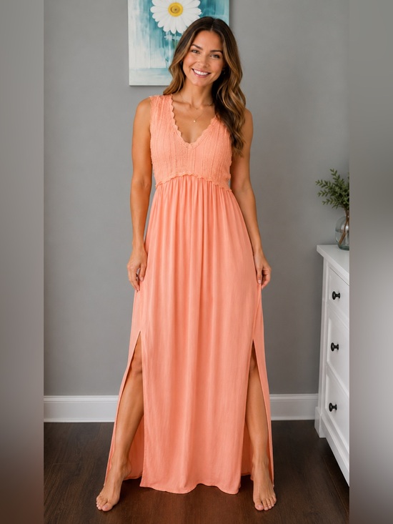 POL Dresses & Skirts - POL Sleeveless Lace Bodice Maxi Dress Coral Orange Sizes S, M , L
